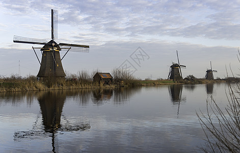 荷兰Kinderdijk的风车蓝色反射地标天空建筑学背景图片