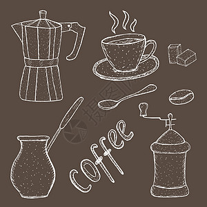 咖啡素描工具手绘复古风格的集合 它制作图案矢量图勺子餐厅喷泉杯子粉笔收藏咖啡店草图涂鸦制作者图片