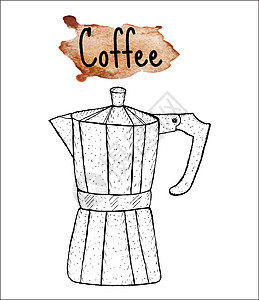 咖啡间歇泉咖啡素描 水彩背景上的咖啡铭文 它制作图案矢量图片