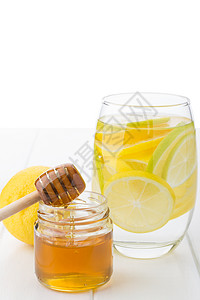 用蜂蜜 柠檬和石灰来健康饮用饮食白色健康食物液体饮料玻璃嘶嘶图片