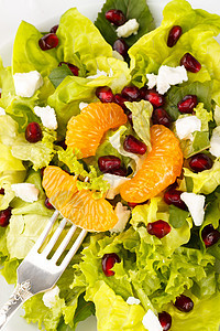 新鲜沙拉加石榴午餐盘子叶子水果蔬菜饮食沙拉乳酪营养红色图片