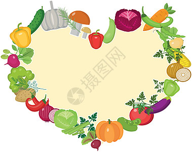 以心脏的形式蔬菜框架 平面样式 孤立在白色背景上 健康的生活方式 素食主义者 素食 生食 矢量图图片