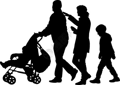 黑色剪影家庭与婴儿车在白色背景 它制作图案矢量喜悦行动草地男生乐趣夫妻插图舞蹈女士父母图片
