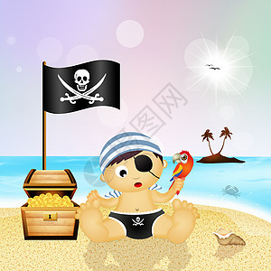 带有藏宝箱的婴儿海盗海洋盒子颅骨运气海滩胸部硬币贪婪插图旗帜背景图片