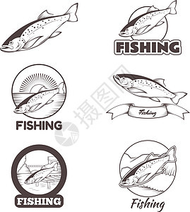 鳟鱼横幅一套钓鱼彩虹跳跃渔夫菜单标识海洋食物淡水绘画图片