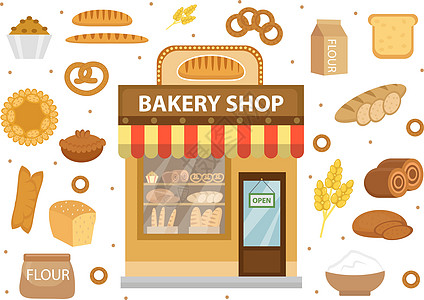 面包店用面包店建筑 面包卷 面包 蛋糕 百吉饼 孤立在白色背景上 矢量图图片