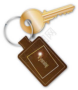 Wyoming 密钥与密钥交接闩锁皮革棕色缝合黄铜金属汽车艺术钥匙离岸价背景图片
