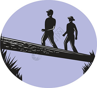穿越单一圆桥山地行印刷版画木块登山者男人丛林雕刻插图帽子图片