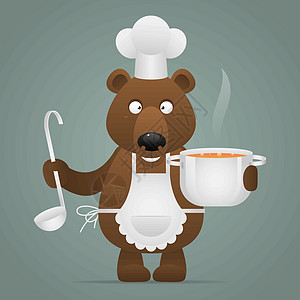午餐时间熊拿着平底锅和长柄勺图片