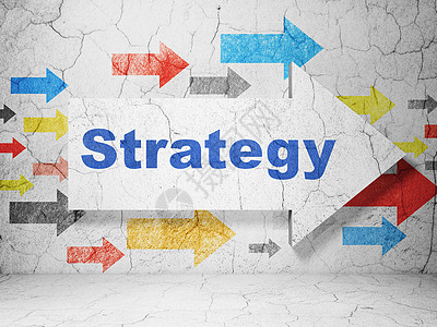 业务概念箭头与垃圾墙背景上的策略公司项目指导3d蓝色指针战略伙伴路标交易图片