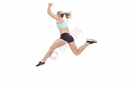 女运动员跳跃体力女性竞赛运动服精神跳远选手活动金发女郎成就图片