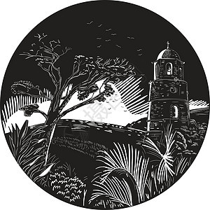 山林树圈木板的贝尔弗里铁塔植物圆圈油毡钟室版画建筑尖顶插图风景灯塔图片