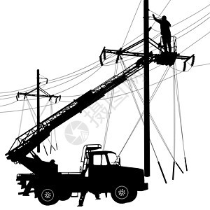 电工在电线杆上修理 它制作图案矢量活力马具震惊男人电气安全帽卡车传输安全工人图片