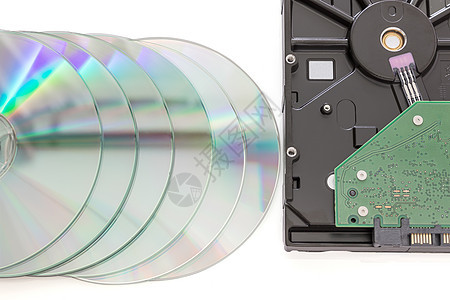 硬盘驱动器和Dvd光盘电路板袖珍案件服务器硬盘硬件电路磁盘记忆白色图片