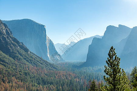 查看 Yosemite 隧道瀑布远足岩石树木森林穹顶国道蓝色天空松树图片