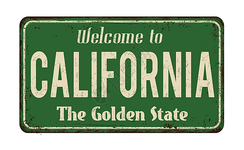 欢迎来到加州老式生锈金属标志海报旅行插图访问乡村传单划痕古董问候语款待图片