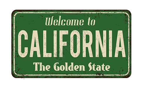 欢迎来到加州老式生锈金属标志海报旅行插图访问乡村传单划痕古董问候语款待背景图片