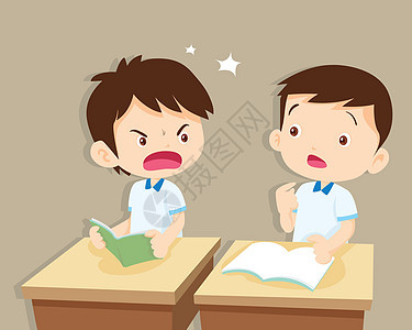 愤怒的男孩对朋友大喊大叫孩子桌子学校男性童年插图情感卡通片斗争课堂图片