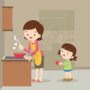 女孩和妈妈在厨房做饭图片