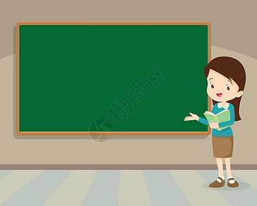 年轻老师站在黑板上大学指针教育女士乐趣教学女性课堂微笑商业图片