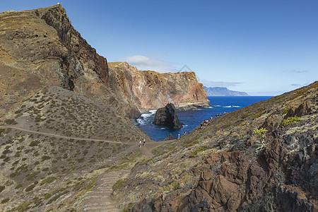 马德拉岛东部 波尔图的圣卢伦科蓝色风景旅游岩石爬坡海岸线半岛悬崖场景火山图片