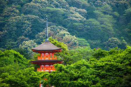 京都寺附近的大山济寺三座塔塔树木寺庙旅行佛教徒清水信仰观光神道宝塔场景图片