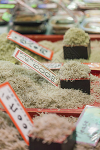 日本京都的传统粮食市场小吃商务摊位午餐美食小贩饭团烹饪盘子烧烤图片