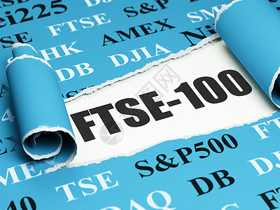 股票市场指数概念 黑文本FTSE100在撕破纸下市场王国标签叶子战略蓝色3d卷曲渲染损害图片