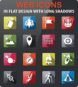 山童子军图标 se 的一天标记背包绳索急救箱罗盘游客帐篷营火独木舟插画