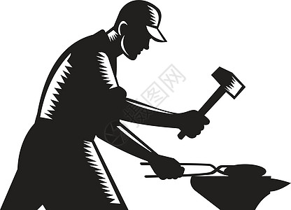 铁匠工人伪造铁黑和白木剪木刻男性印刷木块雕刻插图零售商贸易大锤油毡块图片