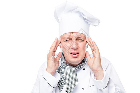 厨师在白色背景上有偏头痛和情感肖像图片