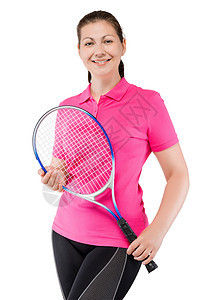 穿着粉红色T恤的女子 在白面包上拍打网球图片