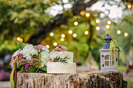 美丽的婚礼装饰 配有蛋糕 花束花束和自然背景的灯笼图片