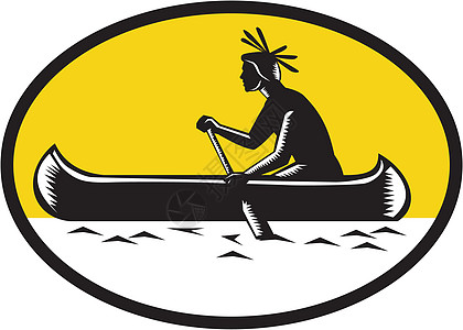 美国原住民印第安人划独木舟木刻版画艺术品木块皮艇雕刻椭圆形印刷第一个人插图油毡图片