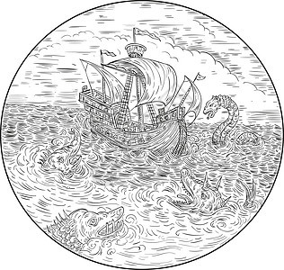 黑色和白漆黑图画塔高山轮船草图刮板画线圆圈插图神话动物海怪海龙帆船图片