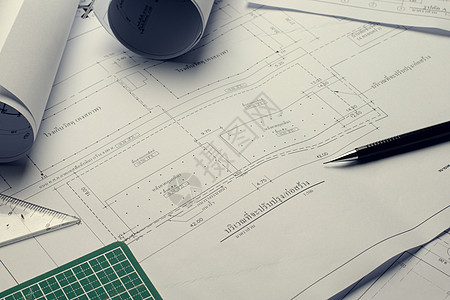 建筑规划项目图画 标有蓝图卷装修测量木匠工具草图住宅建筑学工程师绘画计算机图片
