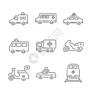 线图标医疗救护车汽车和火车设置图标图片