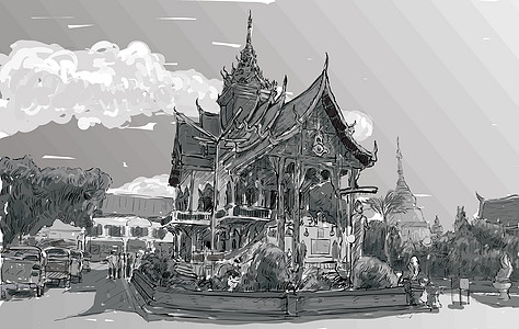 泰国城市景观草图展示亚洲风格的寺庙空间艺术素描插图文化假期佛教徒旅行旅游遗产天空图片
