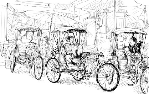 泰国清迈素描城市景观展示当地三轮车绘画运输旅行草图明信片插图吸引力服务自行车车辆图片