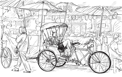 泰国清迈素描城市景观展示当地三轮车车辆出租车运输自行车绘画街道文化服务旅行插图图片