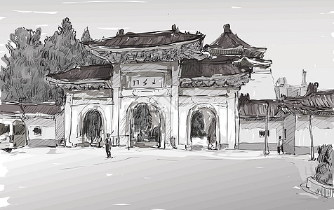 台湾台北城市景观素描展示旧庙门插图街道场景地标卡通片绘画游客墨水寺庙草图图片