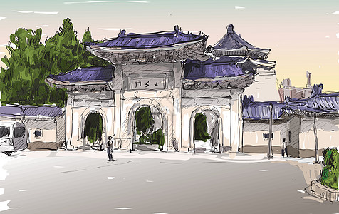 台湾台北城市景观素描展示旧庙门天空街道旅行建筑场景宗教游客地标插图寺庙图片