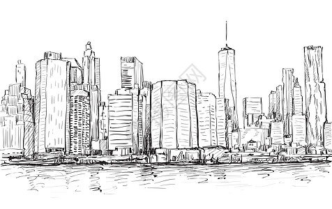 城市景观素描在纽约展示曼哈顿中城与天空草图插图绘画天际办公室都市全景蓝色旅行摩天大楼图片