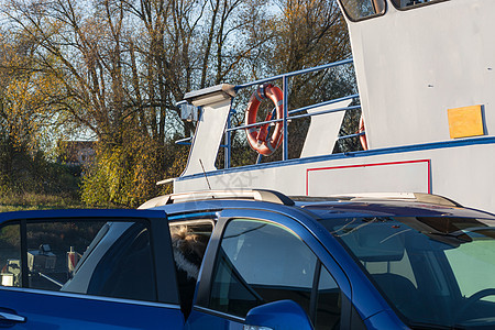 的莱茵河渡轮渡船洪水甲板乘客巡航旅行加载汽车港口水街图片