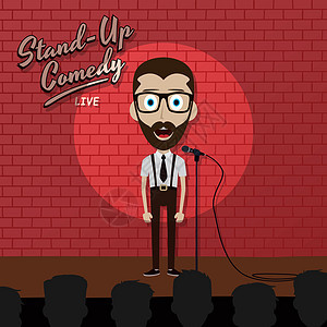 红砖舞台上带聚光灯的成年男性站立喜剧卡通人物观众娱乐卡通片漫画座位伙计展示故事笑声连续剧图片