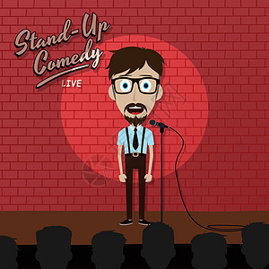 红砖舞台上带聚光灯的成年男性站立喜剧卡通人物成人男人展示潮人座位娱乐艺术家漫画戏剧伙计图片