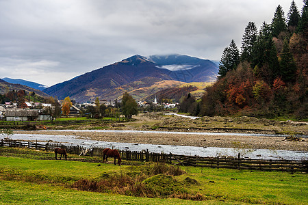 在秋山风景的河边骑马图片
