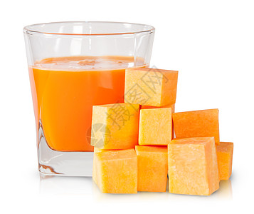鲜榨橙汁南瓜和一杯南瓜果汁蔬菜白色饮食饮料液体黄色玻璃营养果味橙子背景