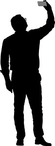 剪影男子在白色背景上用智能手机自拍身体姿势细胞个性摄影闪光网站框架男人技术图片