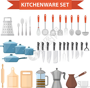 炊具设置图标 平面样式 厨房用具套装隔离在白色背景上 炊具和厨具设备 矢量图图片